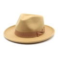 Dettaglio del cappello in feltro di lana con nastro in gros-grain marrone e fiocco - M (56-58cm) / Cammello