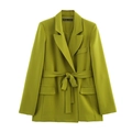 Olivgrüner Blazer mit Gürtel und steigendem Revers, flachliegende Produktansicht - XS / Blazers / Grasgrün