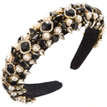 Close-up of Baroque headband with black crystals, pearls, and gold-set rhinestones - Black