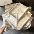 Elegant champagne silk square scarf with brown floral patterns on leather backdrop - 70*70cm / 30320-Champagne Hand-drawn Floral