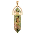 Natural stone hexagonal prism pendant with green and orange speckled texture in gold clasp - Gold O-Chain / Dyed Unakite