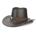 Brown faux leather western cowboy hat with wide brim and silver bull head ornament - Dark Brown / One Size