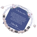 Detail of pink crystal woven bracelet with Morse code message and gift card set - To My Bonus Mom