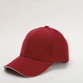 Detail of dark red cotton baseball cap with white contrast piping on the curved brim - Adjustable / Burgundy