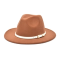 Detail of a brown wool fedora hat featuring a white leather belt with a gold buckle - M (56-58cm) / Khaki