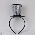 Detail of silver sequin mini top hat headband with black bow for Halloween party decor - Silver Bowknot
