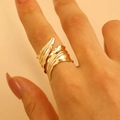 Adjustable golden leaf design metal ring set with minimalist wavy texture for women - Golden Mimetic Leaf Open Ring (24)