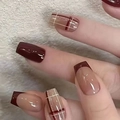 Deep burgundy and nude pink press-on nails with checkered pattern and French tips - Deep Wine Red Plaid Style (CW410)