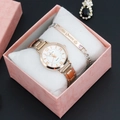 Women's quartz watch and engraved 'His Queen' bracelet set in a pink marble gift box - 240125 White Watch + Bracelet + Box