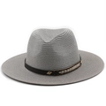 Classic grey woven straw fedora hat with black band and golden buckle accent - M / Gray