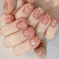 Pink gradient press-on nails with glitter stars and spider web design in short square shape - R811 Brilliant Fireworks / Nail Glue Version