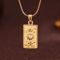 Gold tarot card pendant necklace with engraved sun and sparkling zircon on square plate - Gold (X6058GD)