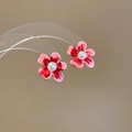 Pink and red flower stud earrings with a pearl center on a transparent stand - 114# Silver Pin - Pink