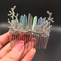 Silver branch hair comb with natural iridescent raw crystal columns for women - Grey + Branch