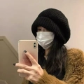 Women's black chunky knit beret hat with a slouchy fit for a slimming look - Black