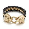Bracciale da uomo con doppia testa di lupo in acciaio inossidabile nero e oro - Oro (KB144775-KFC)