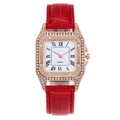 Detail of rose gold square watch with crystal bezel and red crocodile leather strap - Square Quartz Watch / Red