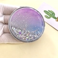 Detail of round folding mirror with purple-blue gradient quicksand and silver stars - Starry Pink