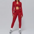 Three-piece dark red yoga set featuring a zip jacket, sports bra, and high-waist leggings - S / Top And Bottom / Red