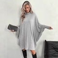 Elegant grey ribbed knit mini dress with batwing sleeves and a high neck collar - S / Gray