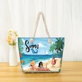 Detail of rope handles and vibrant Hello Summer print on large beach tote bag - Flamingo and Sailboat (jiayingstb03)