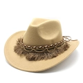 Detailed view of khaki felt cowboy hat featuring gold chains and woven tassel band decor - M (56-58cm) / Camel