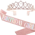 Rose gold Birthday Girl sash with glitter texture and rhinestone crown tiara set - Rose Gold Crown And Rose Gold Birthday Girl Sash