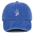 Close-up of ghost on skateboard embroidery on a vintage washed blue cotton baseball cap - Adjustable / Sapphire Blue