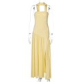 Detail view of the yellow backless maxi dress featuring a high side slit and neck tie - S / Light Yellow