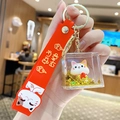 Lucky cat keychain with red strap and golden glitter in a square acrylic charm - Golden Quicksand Lucky Cat - Abundance / Individual Packaging