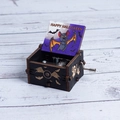 Dark brown wooden Halloween music box with Happy Halloween bat illustration and hand crank - Hand-cranked Halloween O