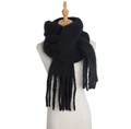Thick black mohair scarf with soft long fringe, elegant winter shawl for women - Black