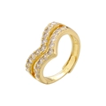 Detail view of gold V-shaped ring with inlaid diamonds and S925 hallmark engraving - VJ604 Double V Zirconia / Gold