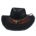 Schwarzer Stroh-Cowboyhut mit Bullenkopf-Verzierung und verstellbarem Kinnriemen - Schwarz