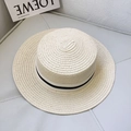 Kids flat top beige straw boater hat with black and white striped ribbon band - Black Stripe-Beige / Adult 56-58cm