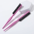 Set of two pink three-row teasing brushes with wild boar bristles and pointed tail - Wood Handle / Purple