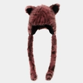 Detailed view of plush leopard print faux fur hat featuring cute black cat ears - Dusty Pink