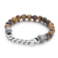 Tiger eye stone bead bracelet with silver Buddha head charms and steel Cuban chain - Silver Chain Buddha Head Tiger Eye Style(KB69728-BD)