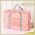 Pink cherry print large capacity travel storage bag with grey woven handles - Pink Cherry