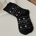 Retro Fair Isle crew socks in black with white geometric heart jacquard pattern - One Size / Black