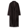 Deep brown long wool coat with notched lapels and stylish fringe hem in urban style - S / Coffee