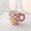 Hand-kneaded ceramic mug with pink and white checkerboard pattern and thick handle - Pink Checkerboard Cup