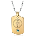 Golden Leo zodiac dog tag necklace with blue gemstone and silver bead chain - Gold Leo Male