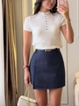 Slim fit white knit short sleeve top and navy asymmetrical skirt with elegant belt - S / Milky White