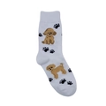 White cotton mid-tube socks featuring cute brown poodle patterns and black paw prints - One Size / White