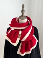 Knit scarf with bold red and cream white horizontal stripes and a brown leather logo tag - 180cm / Red