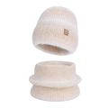 Winter knitted hat and neck warmer set in beige faux fur with soft plush texture - Two-Piece Set / Beige