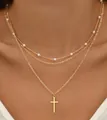 Three-layer gold necklace set with white pearls and minimalist cross pendant style - Style 09 / Gold