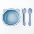 Set pappa per neonati in silicone a forma di orsetto con ciotola, forchetta e cucchiaio blu - Set da 2 pezzi orso / Blu grigio