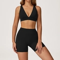 Ensemble de yoga noir deux pièces comprenant un haut court col en V et un short de sport - S / Haut Et Bas / Soutien-gorge + Short / Noir Premium